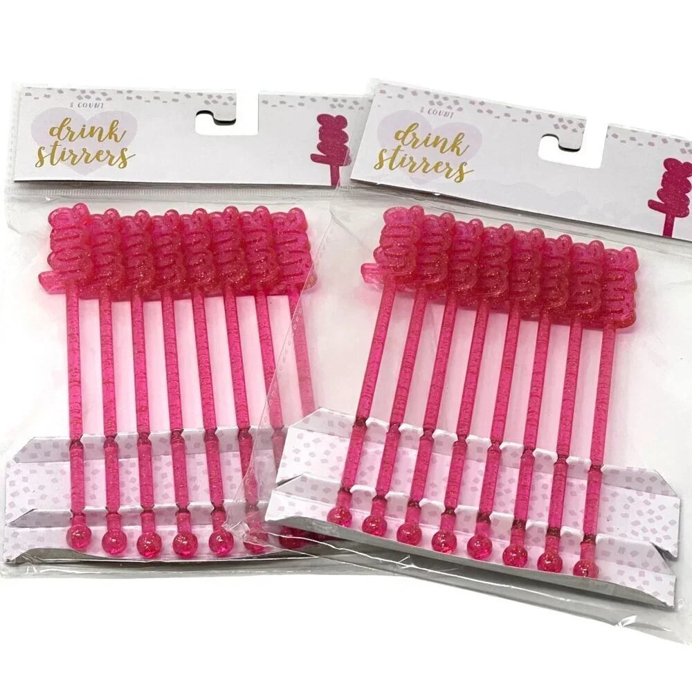 Hot Pink Love Glitter Drink Stirrers Swizzlers  2 Packs Valentine Bar Cart Decor